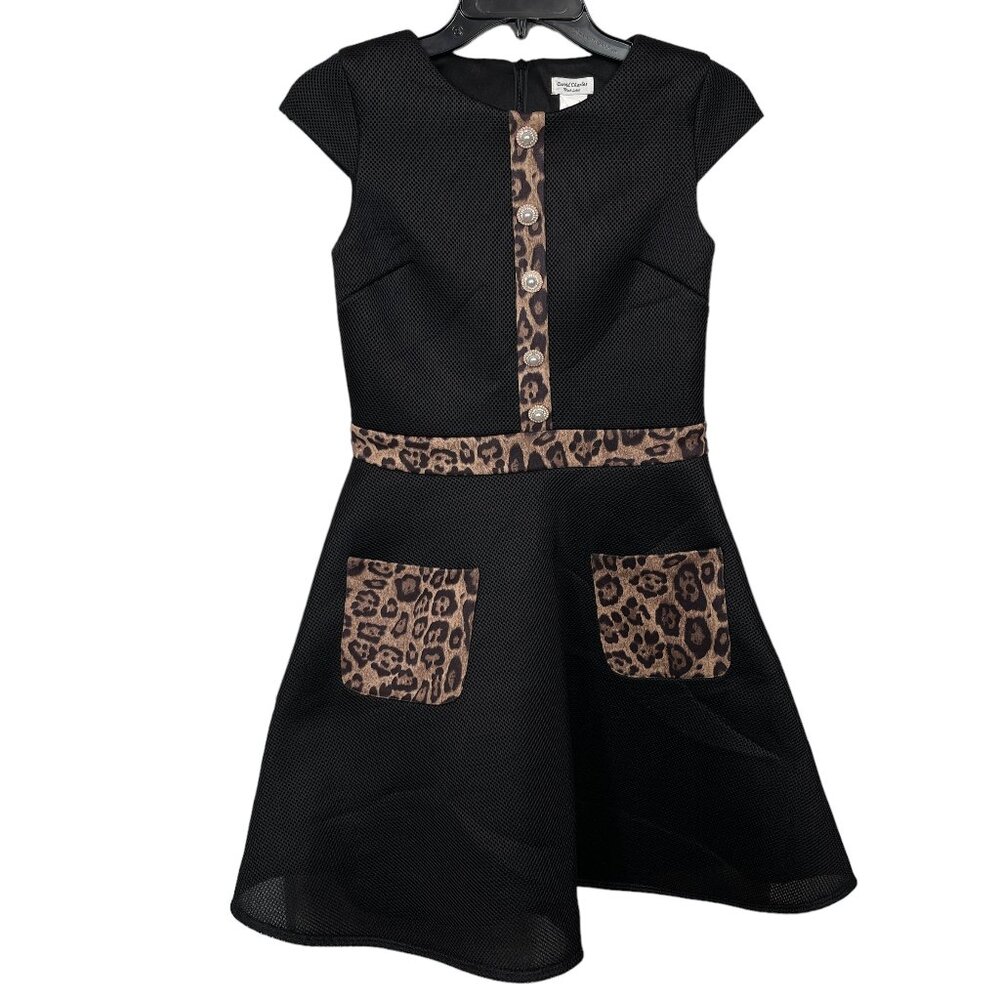 David Charles Black Label Dress Girls 14 YRS Black Animal Print Pearl Mesh Flare